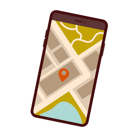 Smartphone with map and red pinpoint on screen, isolated on white background. Flat vector illustrationのイラスト素材