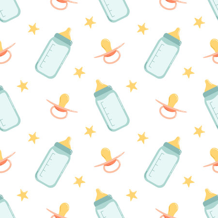 Seamless pattern with baby bottle and pacifier. Vector cute baby illustrationのイラスト素材
