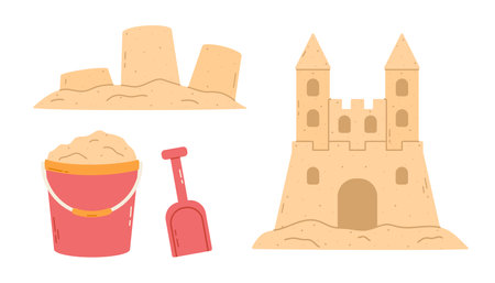 Cartoon beach sandcastle and plastic bucket filled with sand with shovel. Isolated flat vector illustrationのイラスト素材