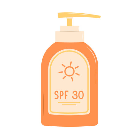 Sunscreen lotion in bottle. SPF 30. Flat vector illustration isolated on white backgroundのイラスト素材