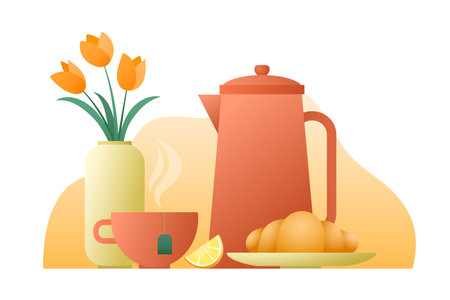 Morning breakfast concept. Croissant pastry with tea, coffee. Sweet bake dessert design and vase with flowers. Gradient vector isolated illustrationのイラスト素材