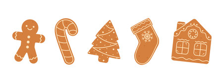 Christmas gingerbread cookies set. Winter homemade xmas sweets in shape of gingerbread man and stocking, tree and house. Flat vector isolated illustrationのイラスト素材