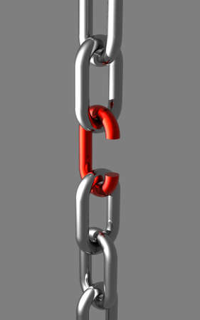 Shiny metal chain broken red link. A shiny silver-metal chain, with a broken red linkの写真素材