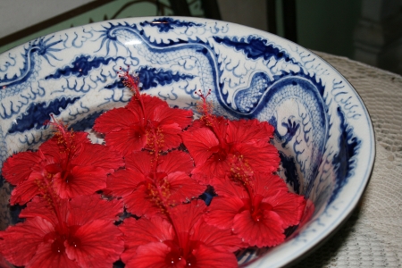 Chinese bowl and red flowers, a decorated chinese ceramic bowl with red Asian flowers floating in waterの写真素材
