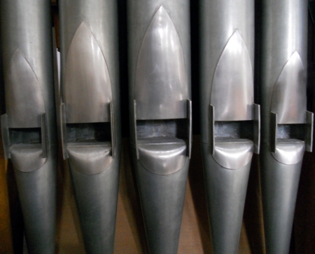 church organ pipes diapasons, the main Diapason pipes on a small church organの写真素材