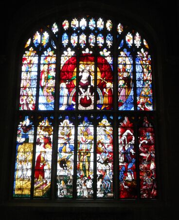 Fairford stained glass 1, beautiful and unique stained glass windows in St  Marys 15th Century church, Fairford, Gloucestershire, UKのeditorial素材
