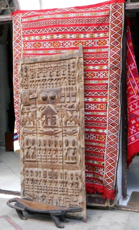 Moroccan crafts, traditional Moroccan weaving and wooden panel, in a market, Moroccoの写真素材