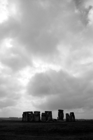Stonehenge  black and white , Stonehenge monument from a distance, black and white with clouds on a summer day の写真素材
