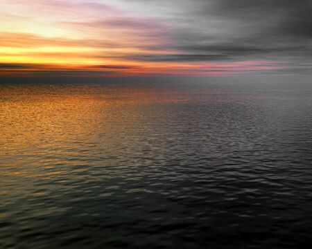 seascape 2, beautiful digital 3D model of a sunset over a gently rippled oceanの写真素材