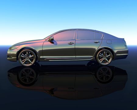 silver car, computer generated 3D model of a side view of a shiny metalic modern car on a shiny surfaceの写真素材