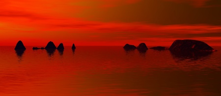 long sky 1, a digitally created image of a serene ocean with distant islands and a glorious red sunsetの写真素材