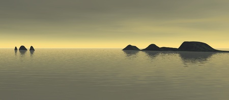 long sky 2, a digitally created image of a serene ocean with distant islandsの写真素材