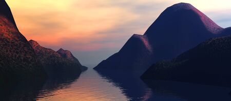 mountains 1, a digitally created image of rounded mountains and a gentle sunset over a calm oceanの写真素材