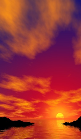 sunset rocks, a digitally created image of the edge of an ocean with a glorious sunset の写真素材