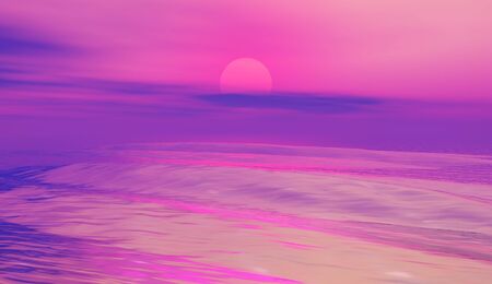 waves 4, 3D model seasecape, misty purple sunsetの写真素材