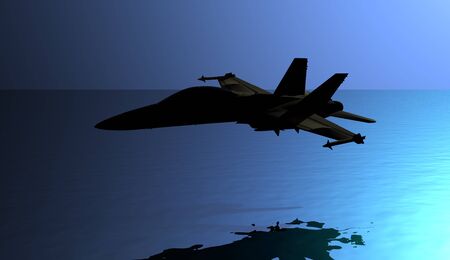 jet 12, beautiful digital model of a jet plane flying low over a still lakeの写真素材