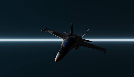 jet 8, beautiful digital model of a jet plane flying through a dark sky with lit horizonの写真素材