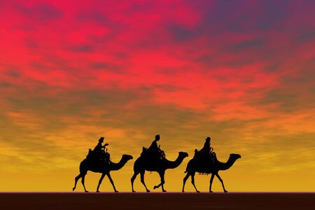 3 kings sunset 2, Christmas card image of the 3 kings on camels, silhouetted against a dramatic sunsetの写真素材