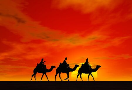 3 kings sunset 1, Christmas card image of the 3 kings on camels, silhouetted against a dramatic sunsetの写真素材