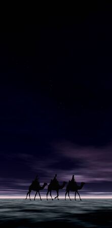 3 kings sunset 11, Christmas card image of the 3 kings on camels, silhouetted against a dramatic night skyの写真素材