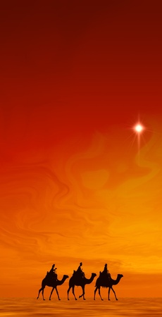 3 kings sunset 12 with star, Christmas card image of the 3 kings on camels following the star, silhouetted against a dramatic desert sunsetの写真素材
