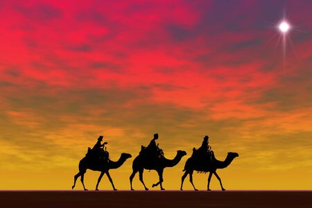 3 kings sunset 2 with star, Christmas card image of the 3 kings on camels following the star, silhouetted against a dramatic sunsetの写真素材
