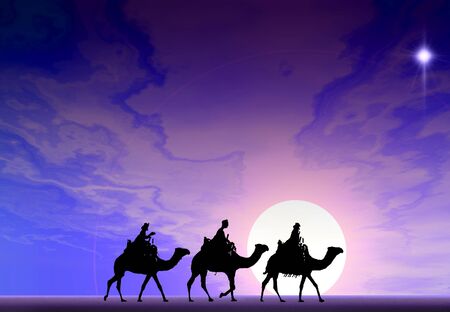 3 kings sunset 3 with star, Christmas card image of the 3 kings on camels following the star, silhouetted against a dramatic sunsetの写真素材