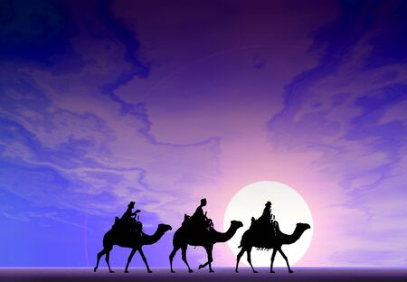 3 kings sunset 3, Christmas card image of the 3 kings on camels, silhouetted against a dramatic sunsetの写真素材