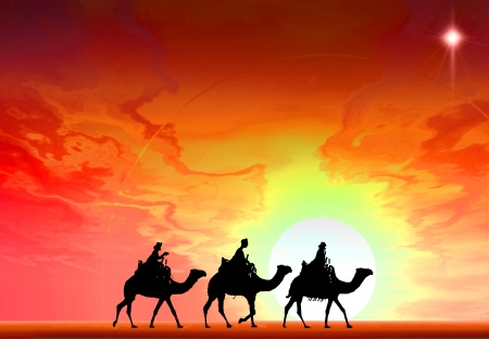 3 kings sunset 3b with star, Christmas card image of the 3 kings on camels following the star, silhouetted against a dramatic sunsetの写真素材