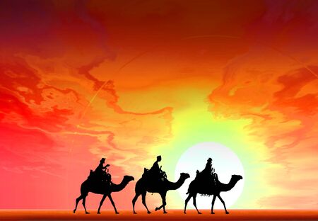 3 kings sunset 3b, Christmas card image of the 3 kings on camels, silhouetted against a dramatic sunsetの写真素材