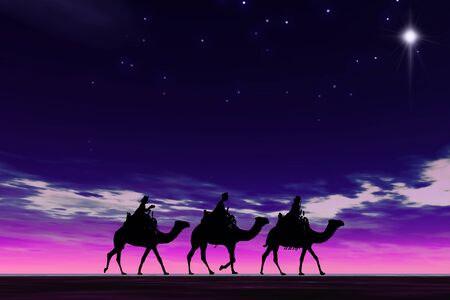 Christmas card image of the 3 kings on camels following the star, silhouetted against a dramatic night skyの写真素材