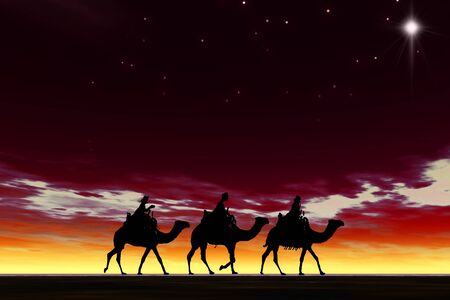 3 kings sunset 4b with star, Christmas card image of the 3 kings on camels following the star, silhouetted against a dramatic night skyの写真素材