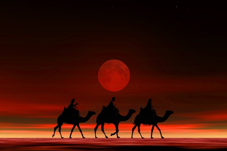 3 kings sunset 5b, Christmas card image of the 3 kings on camels, silhouetted against a dramatic sunsetの写真素材