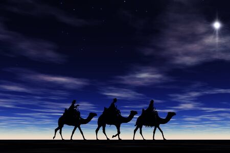 3 kings sunset 8 with star, Christmas card image of the 3 kings on camels following the star, silhouetted against a dramatic sunsetの写真素材