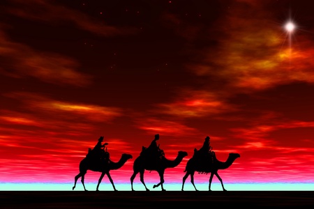 3 kings sunset 8b with star, Christmas card image of the 3 kings on camels following the star, silhouetted against a dramatic red sunsetの写真素材