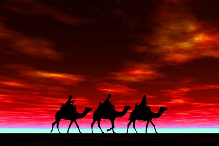 3 kings sunset 8b, Christmas card image of the 3 kings on camels, silhouetted against a dramatic red sunsetの写真素材