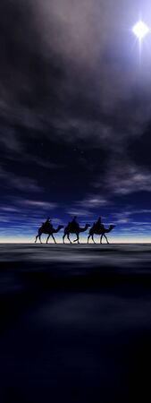 3 kings sunset 10 with star, Christmas card image of the 3 kings on camels following the star, silhouetted against a dramatic sunsetの写真素材