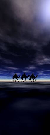 3 kings sunset 10, Christmas card image of the 3 kings on camels, silhouetted against a dramatic sunsetの写真素材