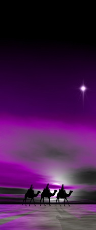 3 kings sunset 13b with starChristmas card image of the 3 kings on camels following the star, silhouetted against a dramatic purple sunsetの写真素材