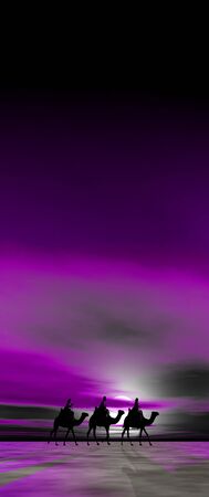 3 kings sunset 13b, Christmas card image of the 3 kings on camels, silhouetted against a dramatic purple sunsetの写真素材