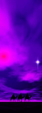 3 kings sunset 14b with star, Christmas card image of the 3 kings on camels following the star, silhouetted against a dramatic purple skyの写真素材
