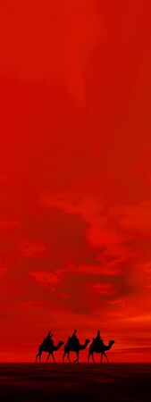 3 kings sunset 16, Christmas card image of the 3 kings on camels, silhouetted against a dramatic red sunsetの写真素材