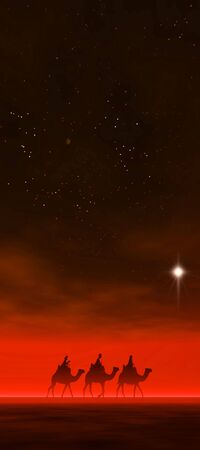 3 kings sunset 18b with star, Christmas card image of the 3 kings on camels following the star, silhouetted against a misty red sunsetの写真素材