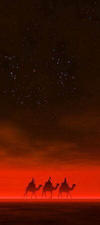 3 kings sunset 18b, Christmas card image of the 3 kings on camels, silhouetted against a misty red sunsetの写真素材