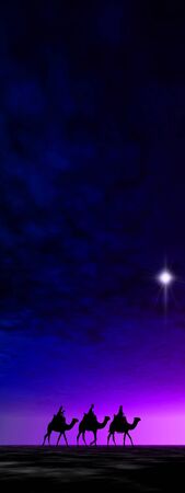 3 kings sunset 19c with star, Christmas card image of the 3 kings on camels following the star, silhouetted against a beautiful purple sunsetの写真素材