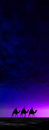 3 kings sunset 19c, Christmas card image of the 3 kings on camels, silhouetted against a beautiful purple sunsetの写真素材