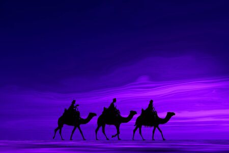 3 kings sunset 7b, Christmas card image of the 3 kings on camels, silhouetted against a purple sunsetの写真素材