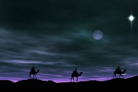 3 Kings moonlight B4b, Christmas card image of the 3 kings on camels following the star, silhouetted against a dramatic moonlit skyの写真素材