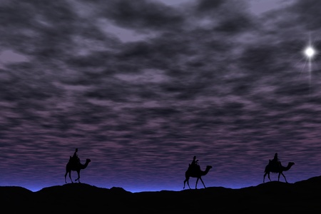 3 Kings sunset B7, Christmas card image of the 3 kings on camels following the star, silhouetted against a dramatic desert sunsetの写真素材