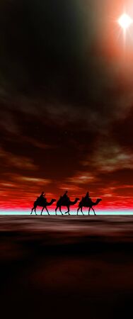 3 kings sunset 10b with star, Christmas card image of the 3 kings on camels following the star, silhouetted against a dramatic desert sunsetの写真素材